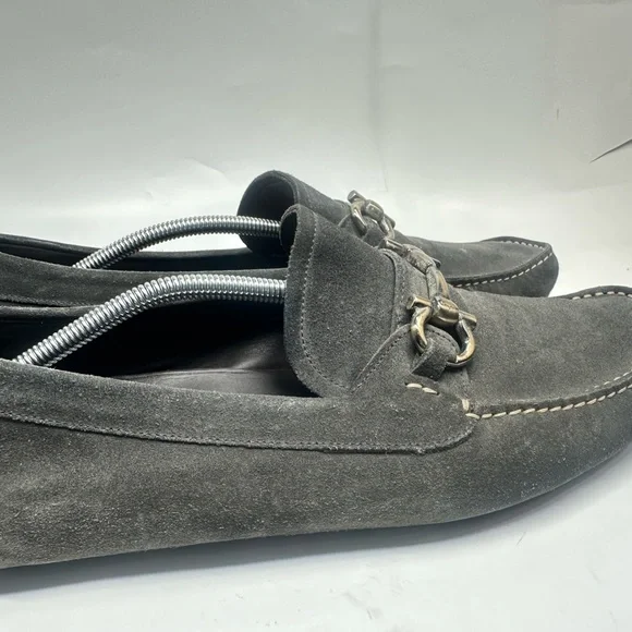 Salvatore Ferragamo Gray Loafers with Gold Buckle